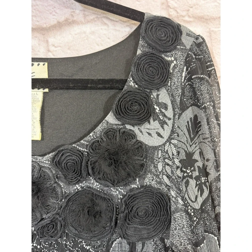 Vintage Black Babydoll Top Rosettes Floral Puff Sleeve Ruffle Dark Fairy Women L - Picture 3 of 9